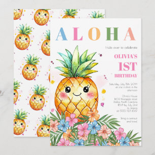 Tropical Floral Pineapple Aloha 1st Birthday Party Invitation