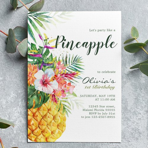 Tropical Floral Pineapple Birthday Invitation