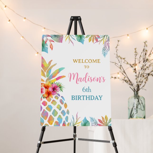Tropical Floral Pineapple Birthday Welcome Sign  (In Situ (Stand))