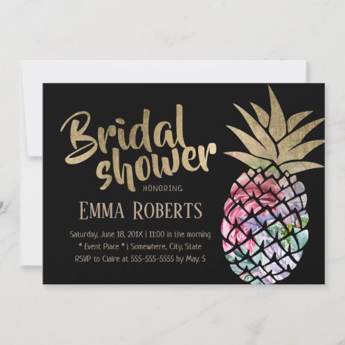 Tropical Floral Pineapple Black Gold Bridal Shower Invitation