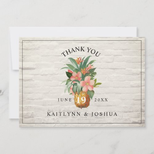 Tropical Floral Pineapple Brick Wedding Photo Thank You Card
