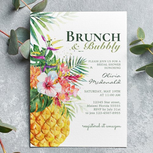 Tropical Floral Pineapple Brunch  Bubbly  Invitation