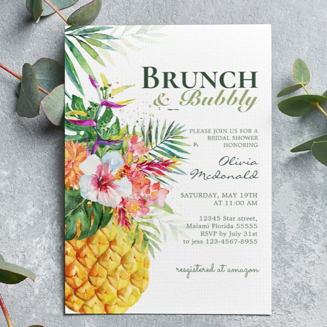 Tropical Floral Pineapple Brunch & Bubbly  Invitation (Creator Uploaded)