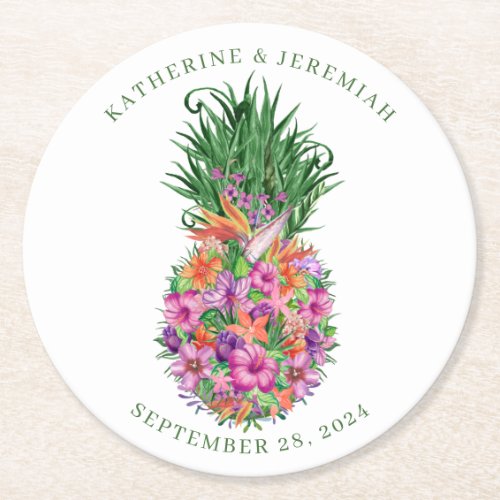Tropical Floral Pineapple Elegant Wedding Round Paper Coaster