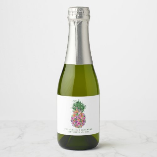 Tropical Floral Pineapple Elegant Wedding Sparkling Wine Label