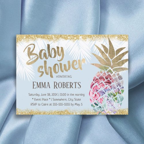 Tropical Floral Pineapple Gold Glitter Baby Shower Invitation