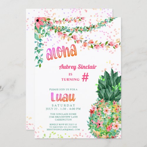 Tropical Floral Pineapple Luau ANY AGE Birthday Invitation