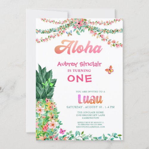 Tropical Floral Pineapple Luau First Birthday Invitation