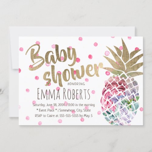 Tropical Floral Pineapple Polka Dots Baby Shower Invitation