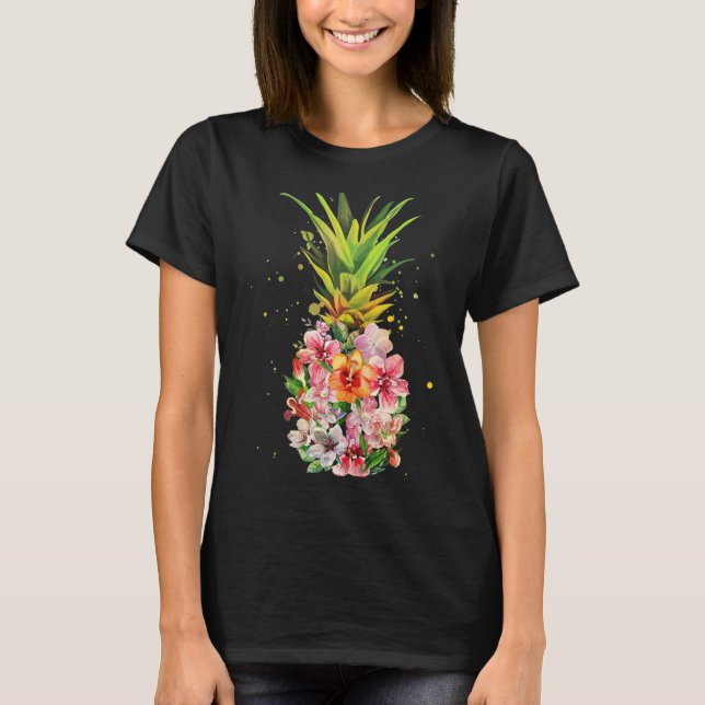 Tropical Floral Pineapple Watercolor Art T-Shirt (Front)