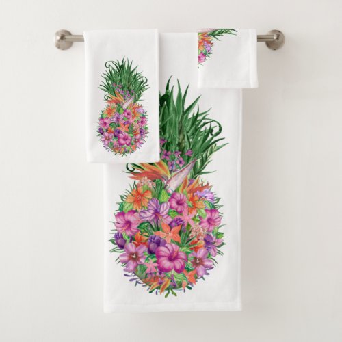 Tropical Floral Pineapple Watercolor Bath Towel Set