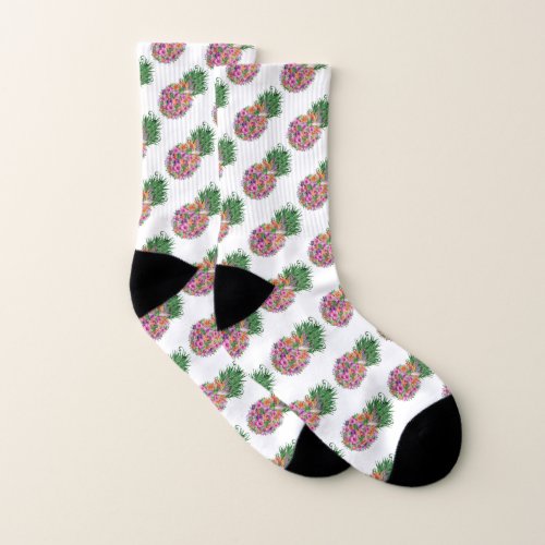Tropical Floral Pineapple Watercolor Socks