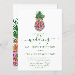 Tropical Floral Pineapple Watercolor Wedding Invitation