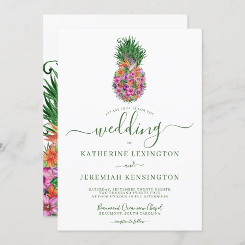Tropical Floral Pineapple Watercolor Wedding Invitation