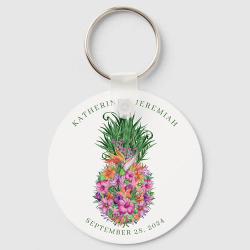 Tropical Floral Pineapple Watercolor Wedding Keychain