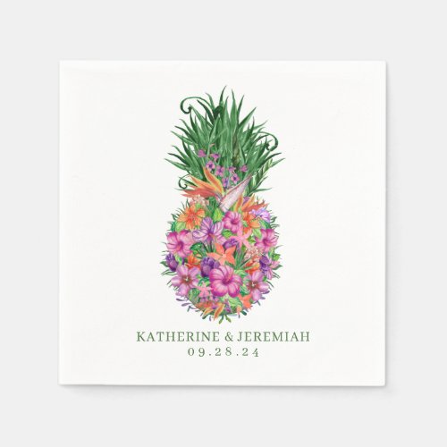 Tropical Floral Pineapple Watercolor Wedding Napkins