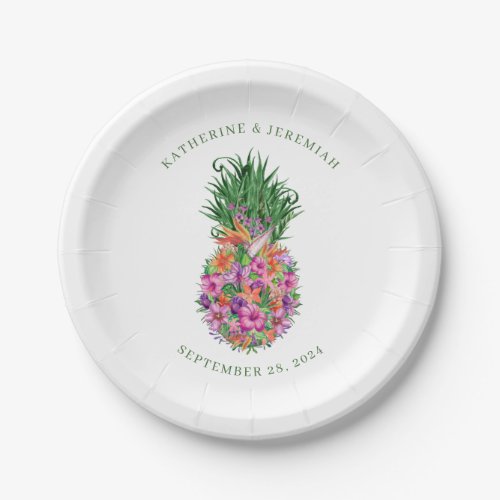 Tropical Floral Pineapple Watercolor Wedding Paper Plates