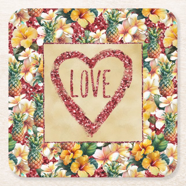 Tropical Floral Pineapples Red Glitter Love Heart Square Paper Coaster (Front)