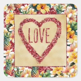 Tropical Floral Pineapples Red Glitter Love Heart Square Sticker