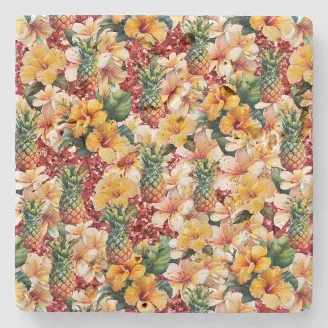 Tropical Floral Pineapples Red Glitter Love Heart Stone Coaster (Front)
