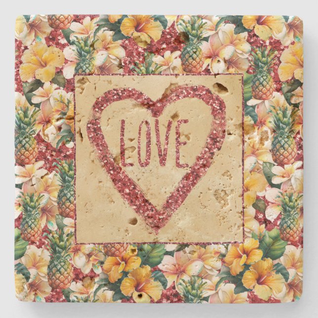 Tropical Floral Pineapples Red Glitter Love Heart Stone Coaster (Front)