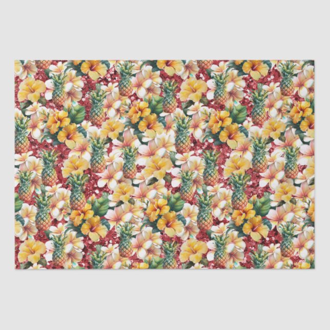 Tropical Floral Pineapples Red Glitter  Tissue Paper (Front)