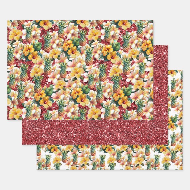 Tropical Floral Pineapples Red Glitter  Wrapping Paper Sheets (Set)