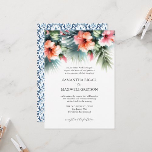 Tropical Floral Pink and Orange Formal Wedding Invitation