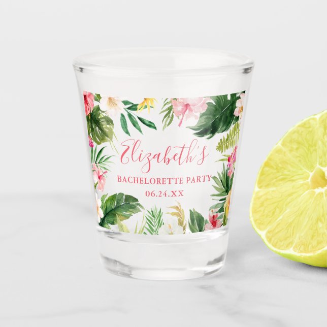Tropical Floral Pink Bachelorette Party Shot Glass (Front)