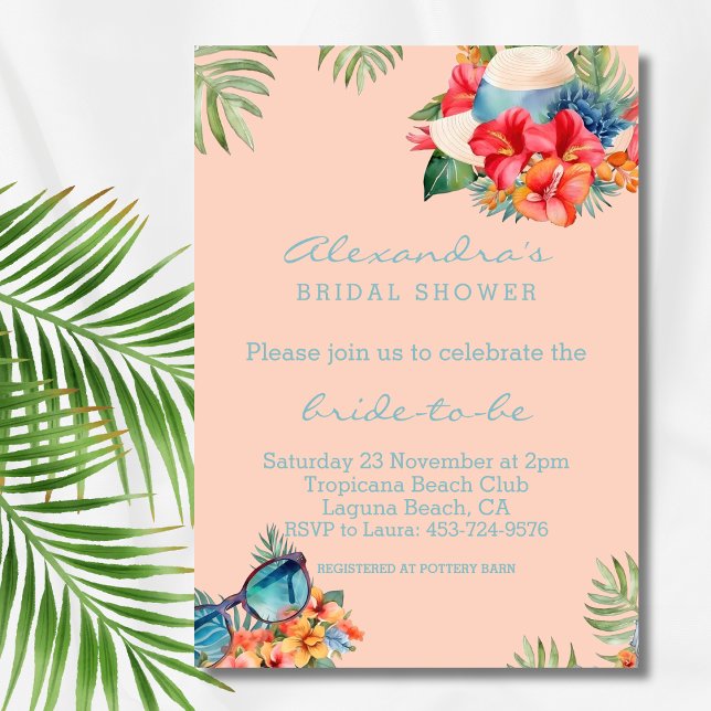 Tropical Floral Pink Beach Bridal Shower Invitation (Creator Uploaded)