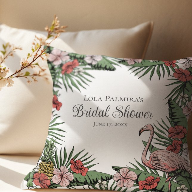 Tropical Floral Pink Flamingo Bridal Shower Outdoor Pillow (Elegant Hawaiian Bridal Shower  Design. Hand-Drawn Tropical Hibiscus Flowers, Flamingo, Pineapple)