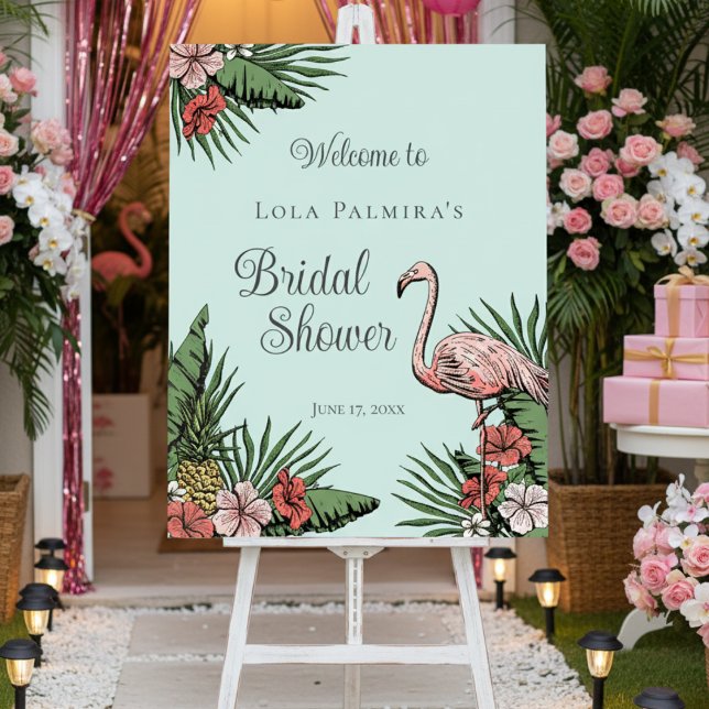 Tropical Floral Pink Flamingo Bridal Shower Sign (Tropical Pink Flamingo Bridal Shower Welcome Sign for Her for Hawaiian Theme Summer Wedding or Luau.)
