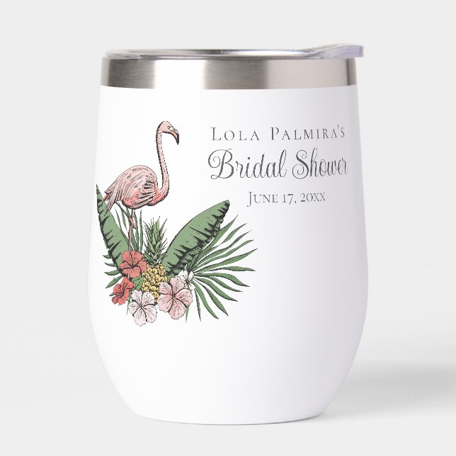 Tropical Floral Pink Flamingo Bridal Shower Thermal Wine Tumbler (Left)