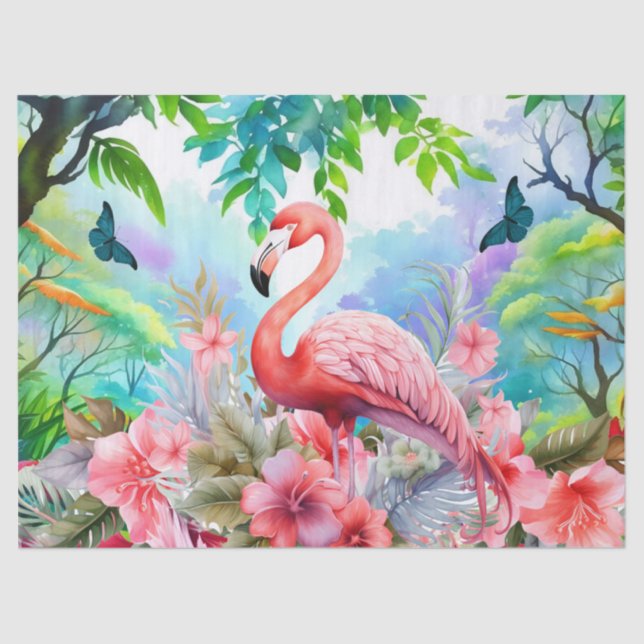 Tropical Floral  Pink Flamingo Decoupage Tissue Paper (Front)