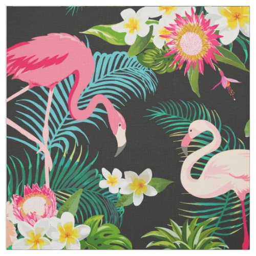 Tropical Floral Pink Flamingos Pattern Fabric