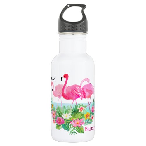 Tropical Floral Pink Flamingos Personalized Stainless Steel Water Bottle