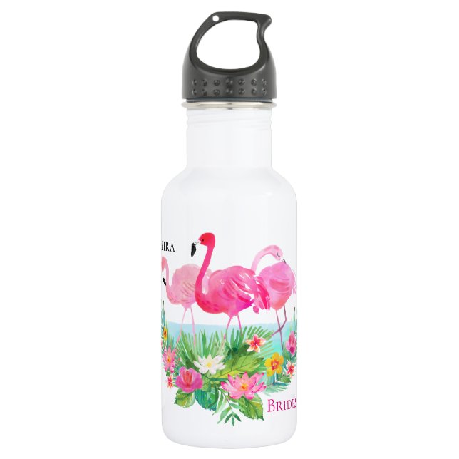 Tropical Floral Pink Flamingos Personalized Stainless Steel Water Bottle (Front)