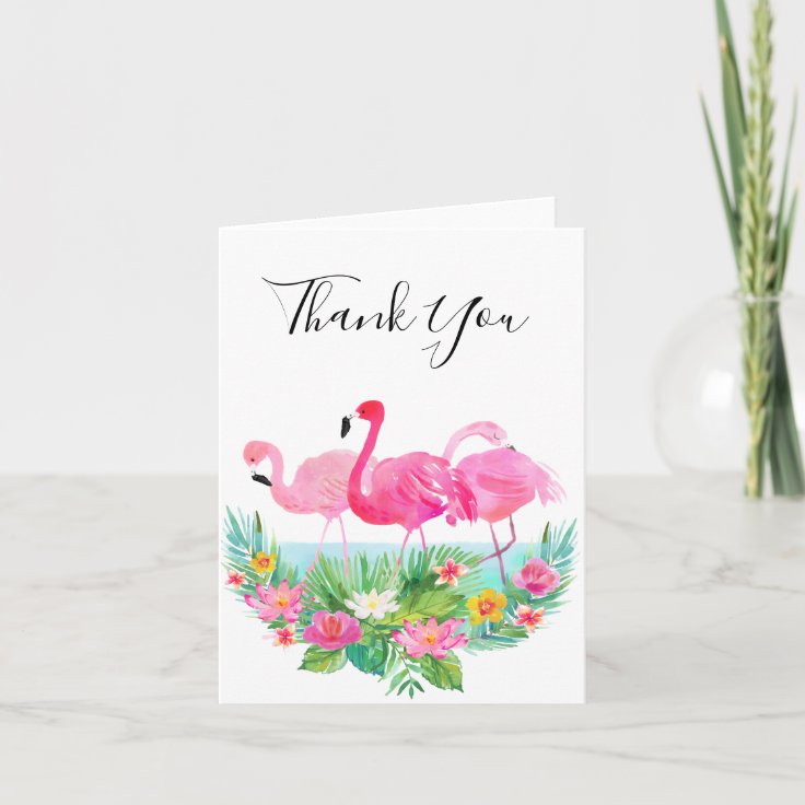 Tropical Floral Pink Flamingos Thank You | Zazzle