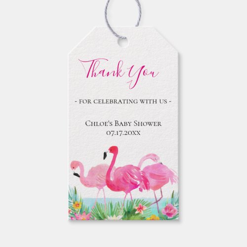 Tropical Floral Pink Flamingos Thank You Gift Tags