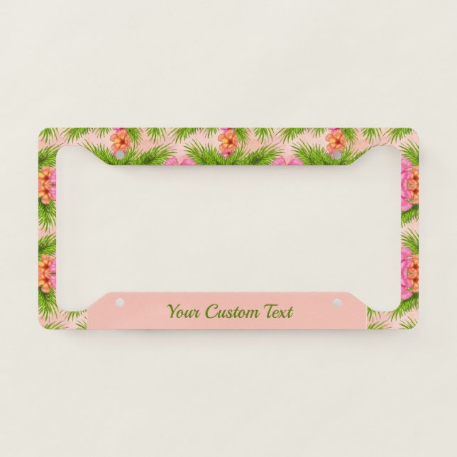 Tropical Floral Pink Flowers Green Foliage License Plate Frame (Front)