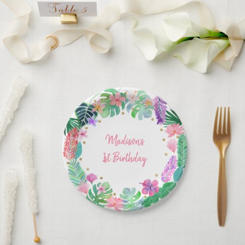 Tropical Floral Pink Gold Birthday Paper Plates