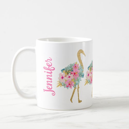 Tropical Floral Pink Green and Gold Flamingos Coffee Mug