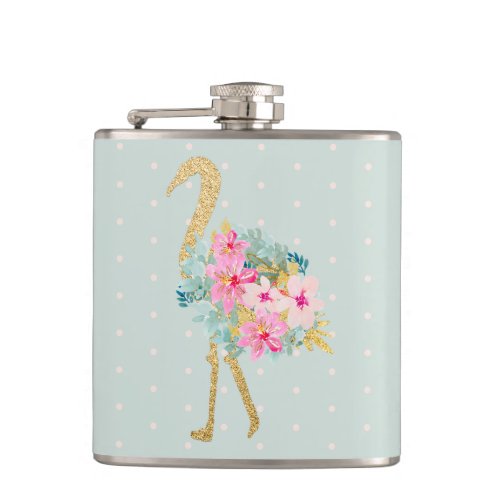 Tropical Floral Pink Green and Gold Flamingos Flask