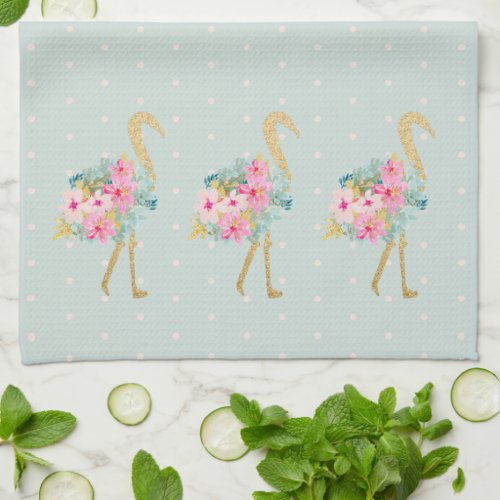 Tropical Floral Pink Green and Gold Flamingos Kitchen Towel