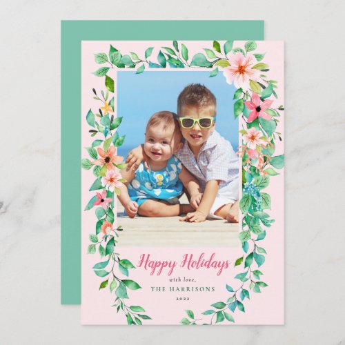 Tropical Floral Pink  Green Photo Holiday Card