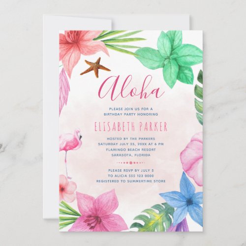 Tropical floral pink Hawaiian luau birthday party Invitation