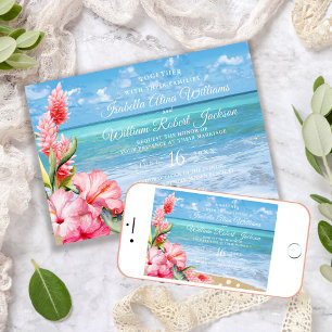 Tropical Floral Pink Hibiscus Beach Wedding Invitation
