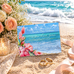 Tropical Floral Pink Hibiscus Beach Wedding Invitation