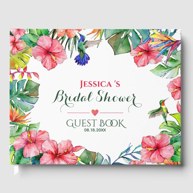 Tropical Floral Pink Hibiscus Bridal Shower  Guest Book (Front)