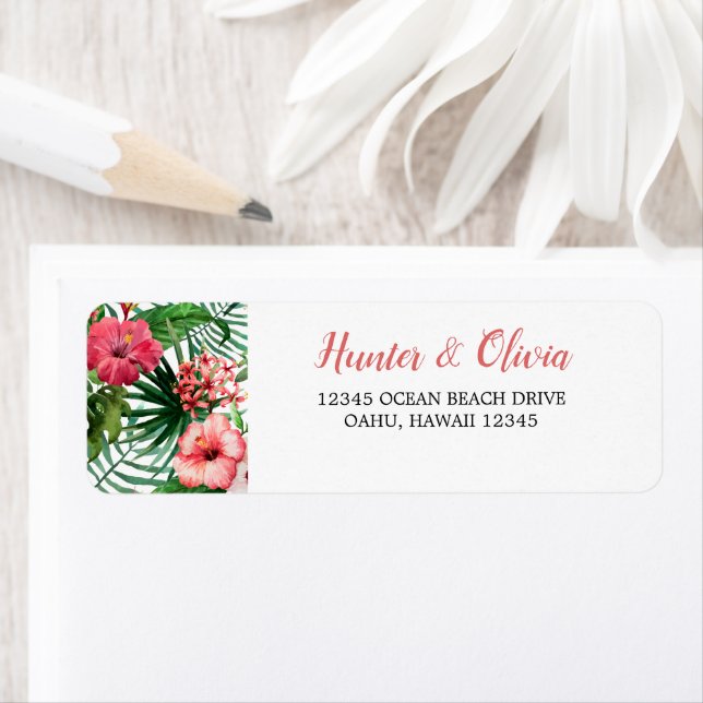 Tropical Floral Pink Hibiscus Green Palm Wedding Label (Insitu)